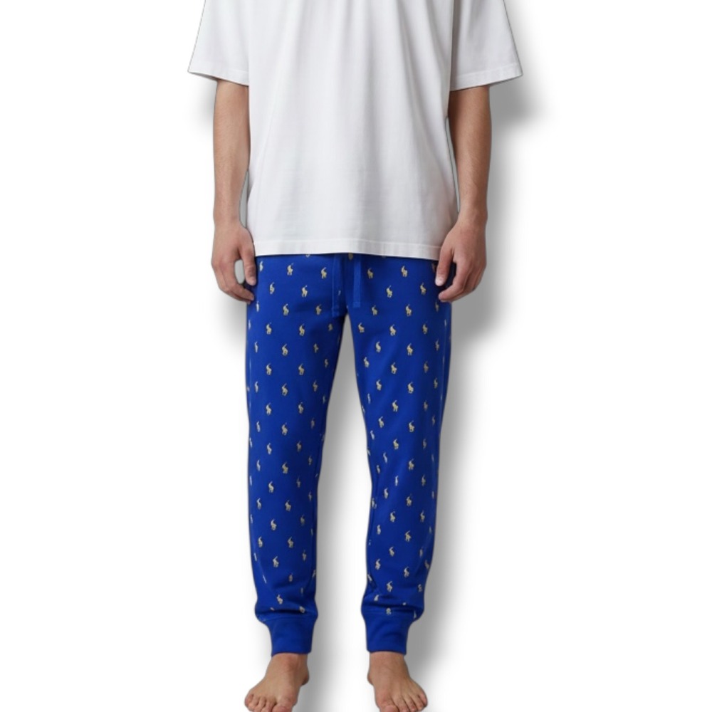 Polo Ralph Lauren Pajama Jogger Pants Mens XL Blue Allover Gold Pony Print